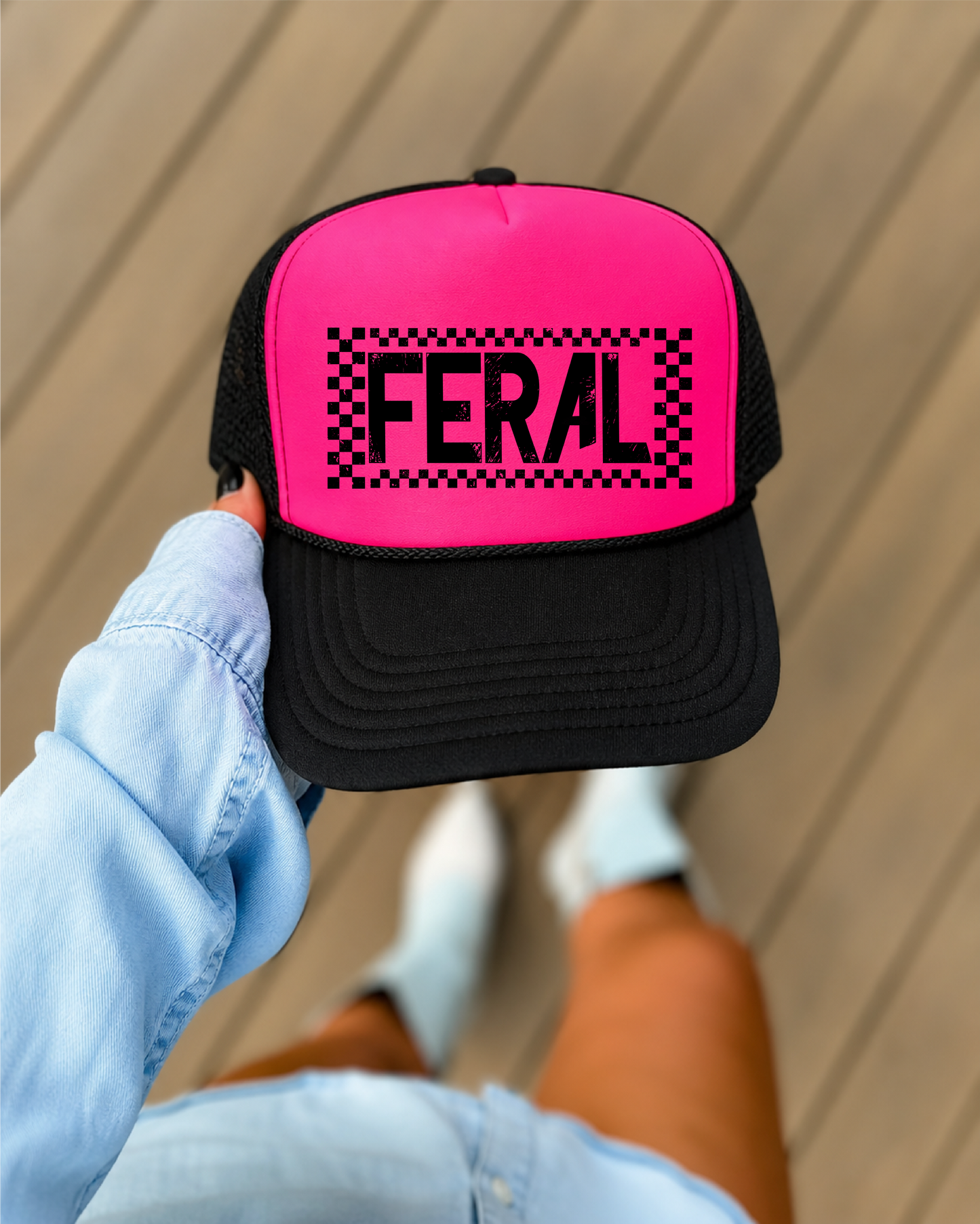 Feral Checkered - UNISEX Neon Pink and Black Trucker Hat