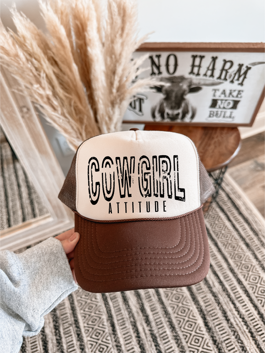 Cowgirl Attitude DTF Printed Brown and Tan Trucker Hat