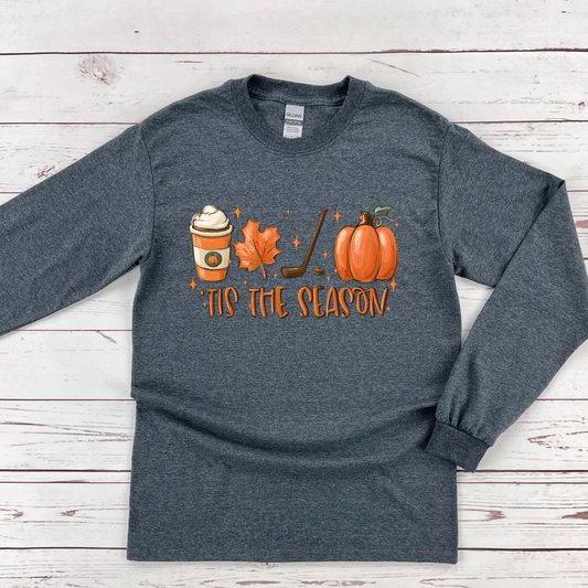 Wholesale Fall Hockey Tis The Season Graphic Tee - Gildan Dark Heather LONG SLEEVE