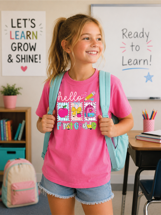Girls Hello 1st Grade Back to School Graphic Tee