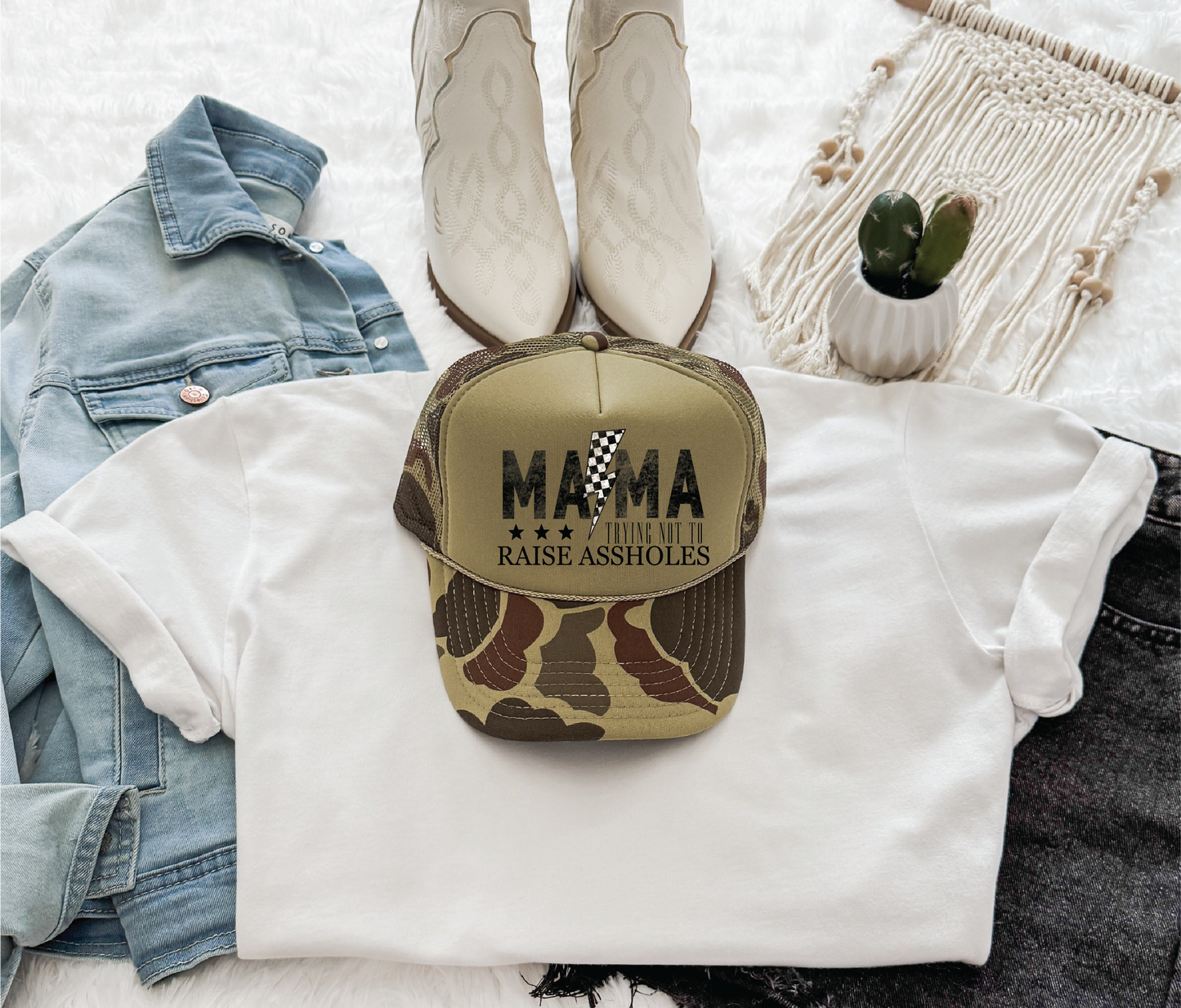 Mama Tryin Not To Raise DTF printed on Camo and Olive Foam Trucker Hat