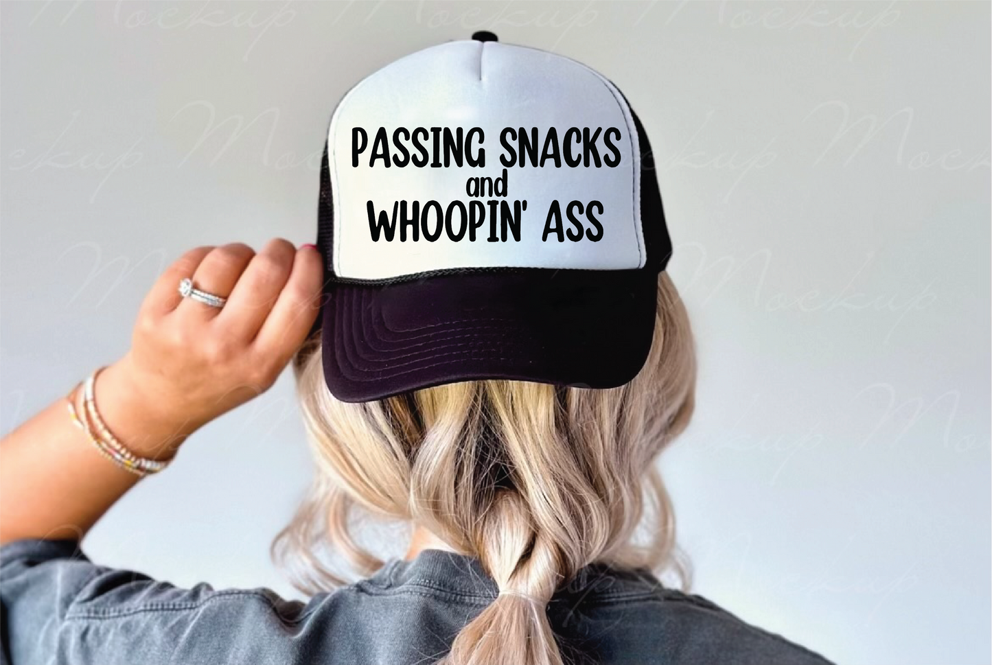Passin' Snacks and Whoopin' A**- UNISEX BLACK AND WHITE Trucker Hat