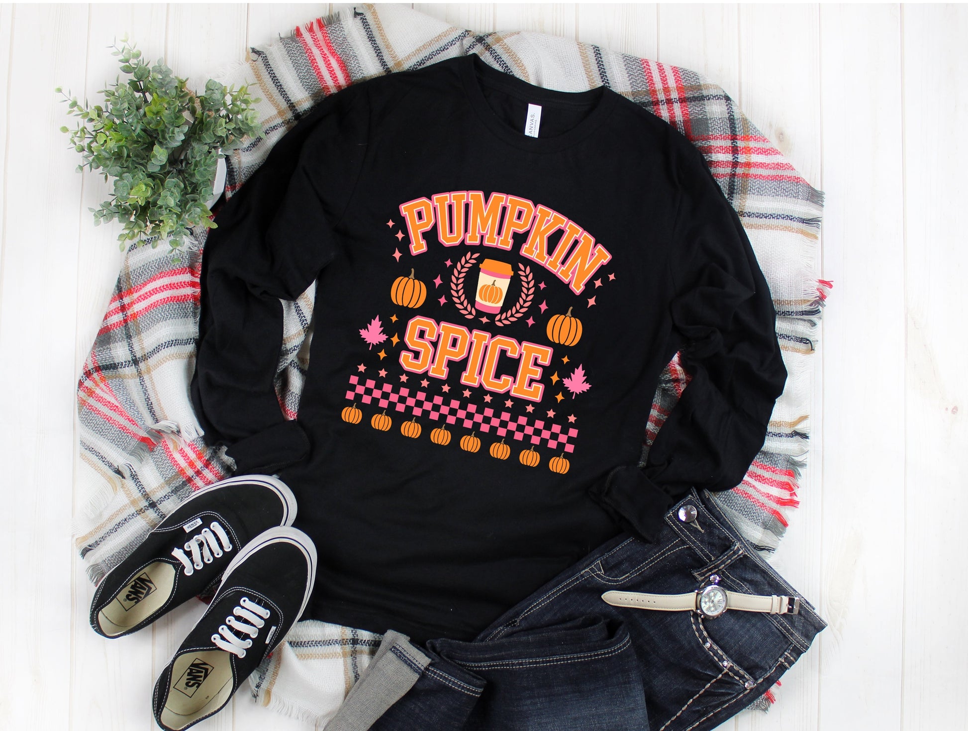Wholesale Preppy Pumpkin Season Graphic Tee - White Long Sleeve