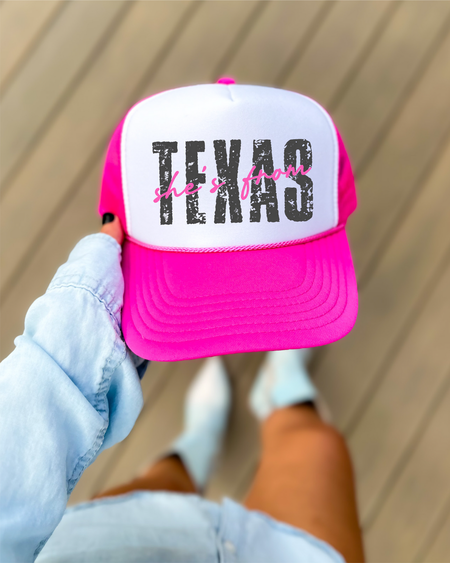 She's From Texas DTF Printed - UNISEX Hot Pink and White Trucker Hat
