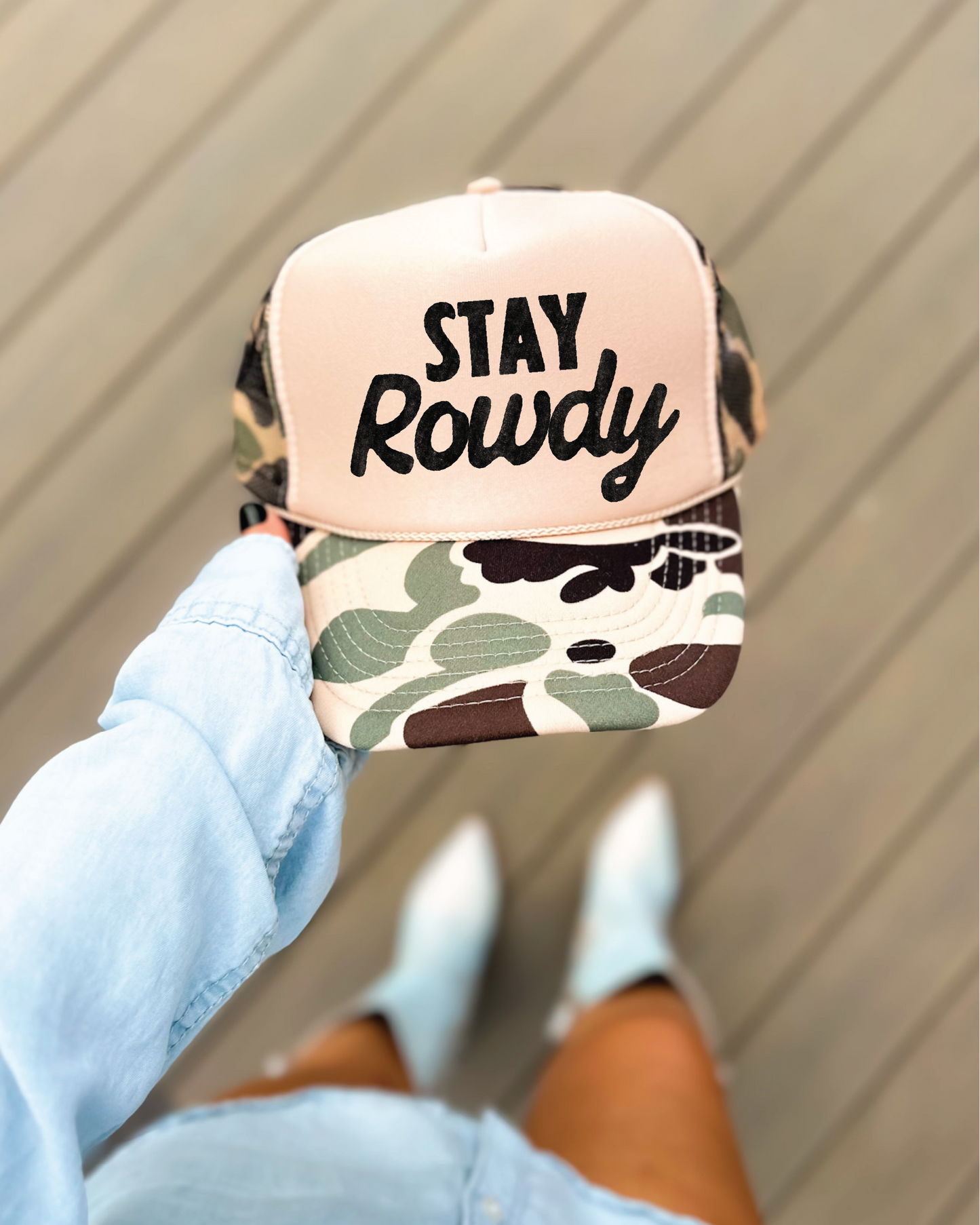 Stay Rowdy DTF Printed on A Duck Camo and Tan Trucker Hat