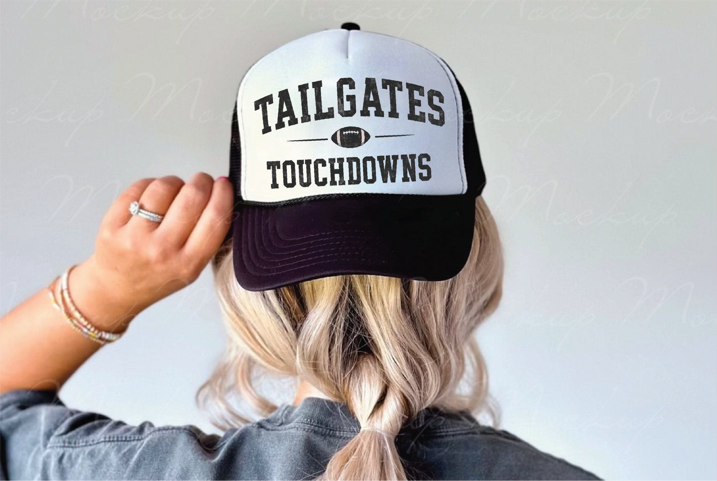 Tailgates and Touchdowns- UNISEX BLACK AND WHITE Trucker Hat