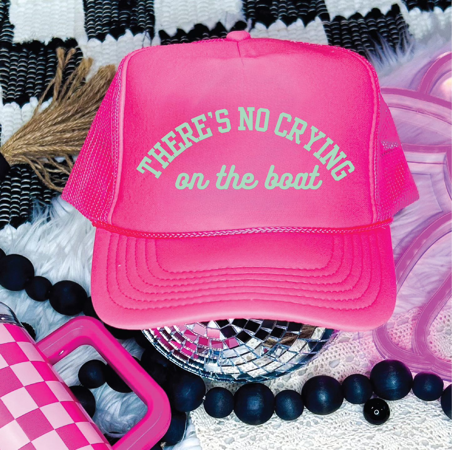 There's No Crying On The Boat-  DTF Printed Neon Pink Trucker Hat