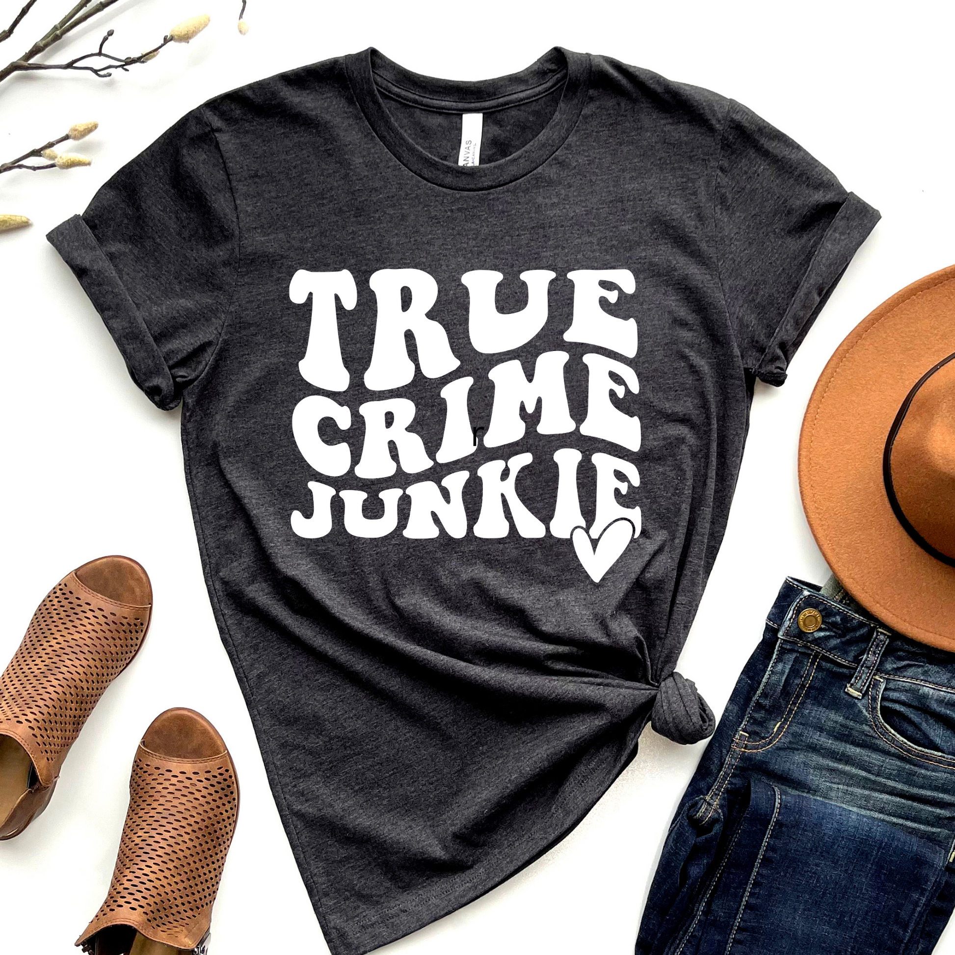 Wholesale True Crime Junkie Graphic Tee - Heather Charcoal Sweatshirt