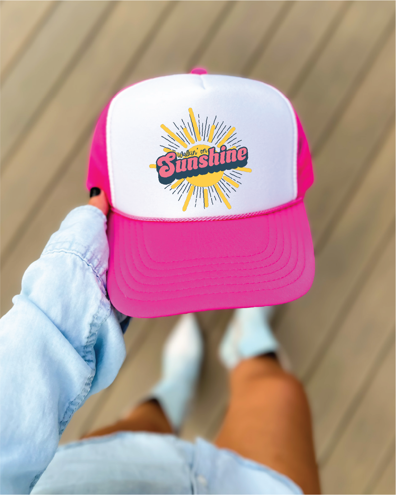 Walkin' On Sunshine DTF Printed - UNISEX Hot Pink and White Trucker Hat