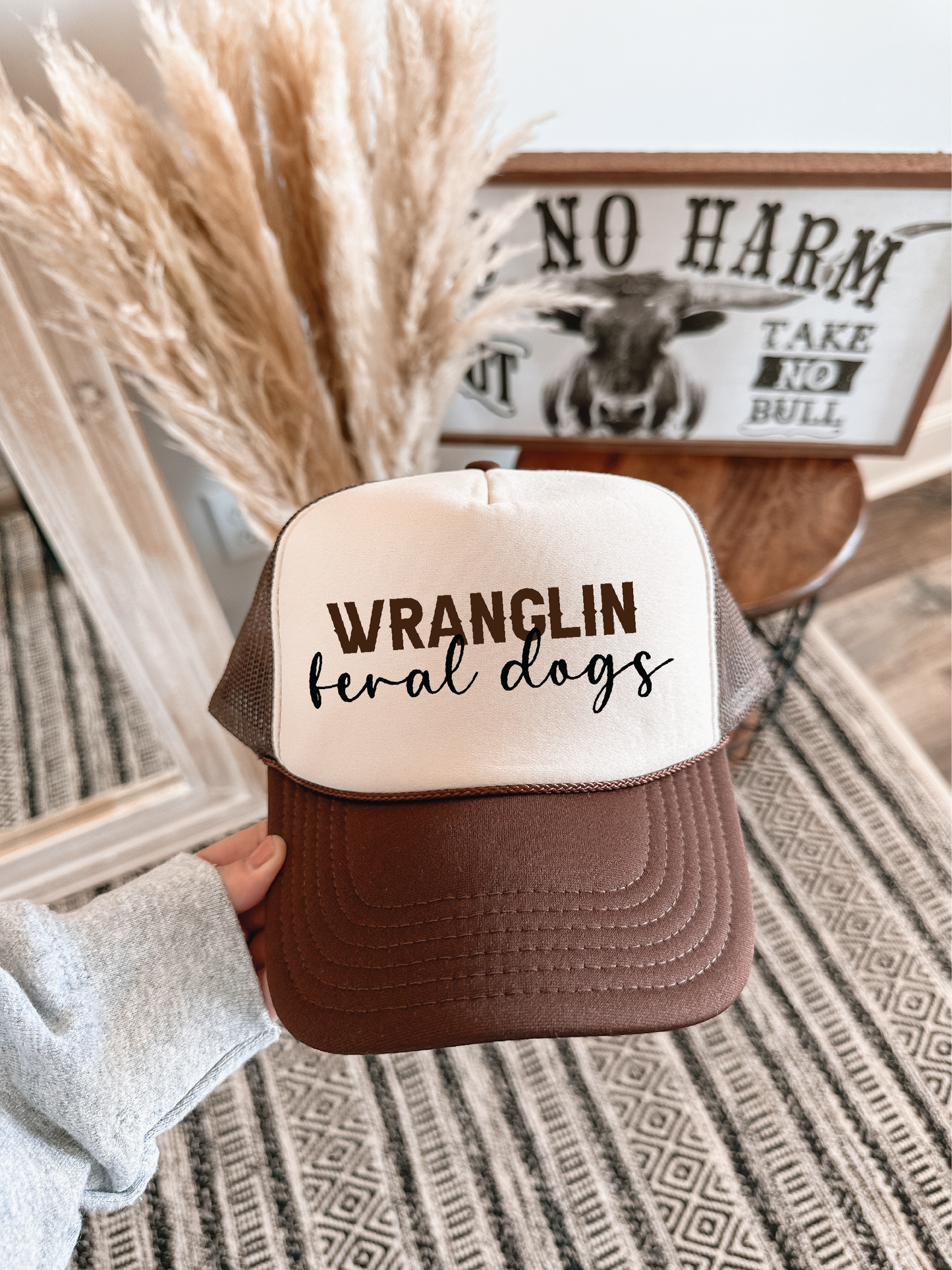 Wranglin Feral DOGS DTF Printed Brown & Tan Trucker Hat/ Brown & Black Ink